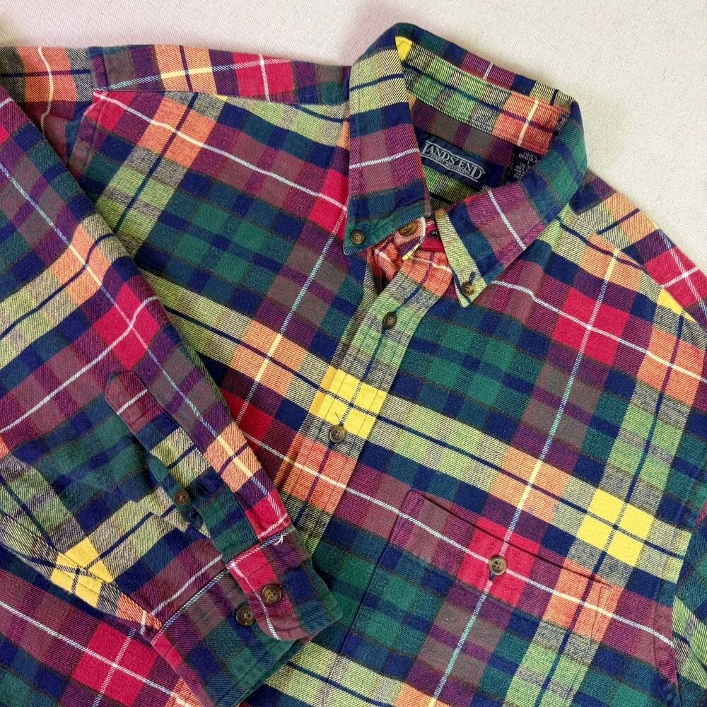 Vintage Lands End Rainbow Plaid Flannel Button Down Shirt Men's L Preppy Cabin